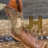 Mens JH Full Quill Ostrich Square Toe Boots “Color Cafe” Panal Tops