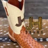 Mens JH Full Quill Ostrich Square Toe Boots “Color Cognac”