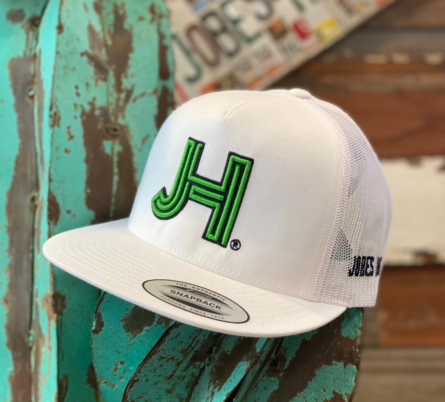 NEW 2021 Jobes Hats Trucker - All White Cap 3D Green JH Black Outline (Limited Edition)
