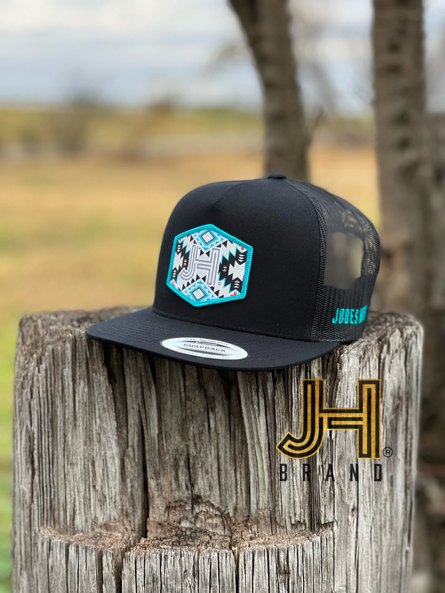 New 2022 Jobes Trucker Cap- All Black JH Turquoise Aztec Patch