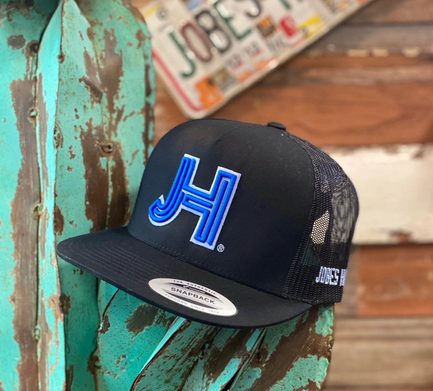 NEW 2021 Jobes Hats Trucker - All Black Cap 3D Royal Blue JH Light Blue Outline (Limited Edition)