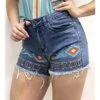 Red Teal Aztec Distressed Denim Shorts