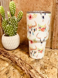 White Floral Bull Tumbler