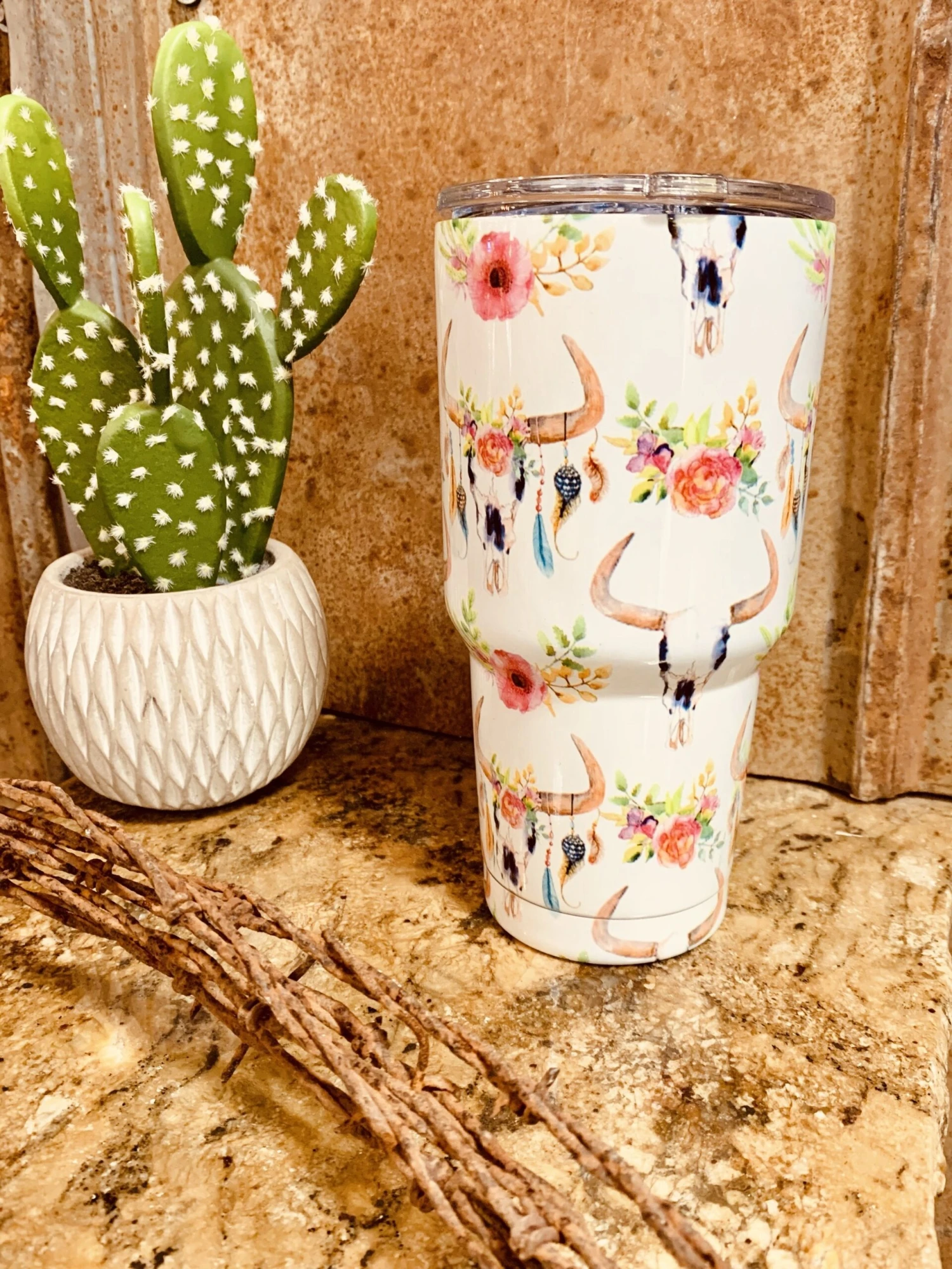 White Floral Bull Tumbler